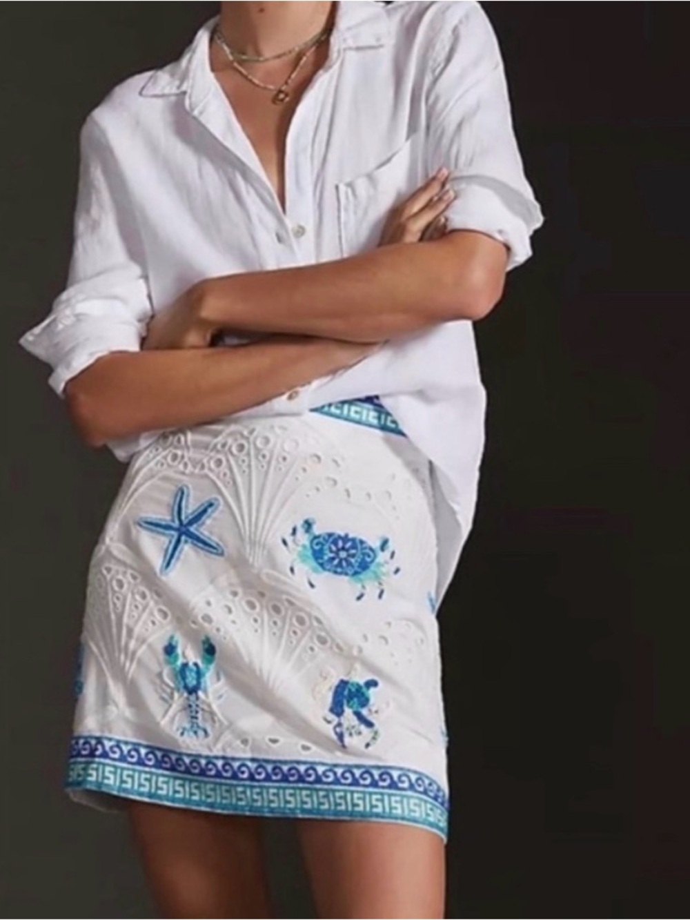 Maeve Anthropologie Beaded Embroidered Mini Skirt Size 4 White Coastal Sea Life